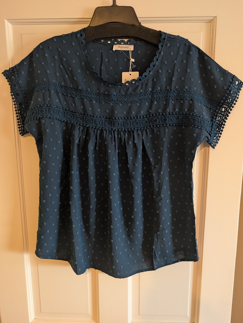 Women's Deep Greenish Blue Crochet Trim Short Sleeve Blouse